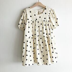 Cat & Jack Small 6-7 Polka Dot Dress Cream Ivory Black Short Puff Sleeve Lined